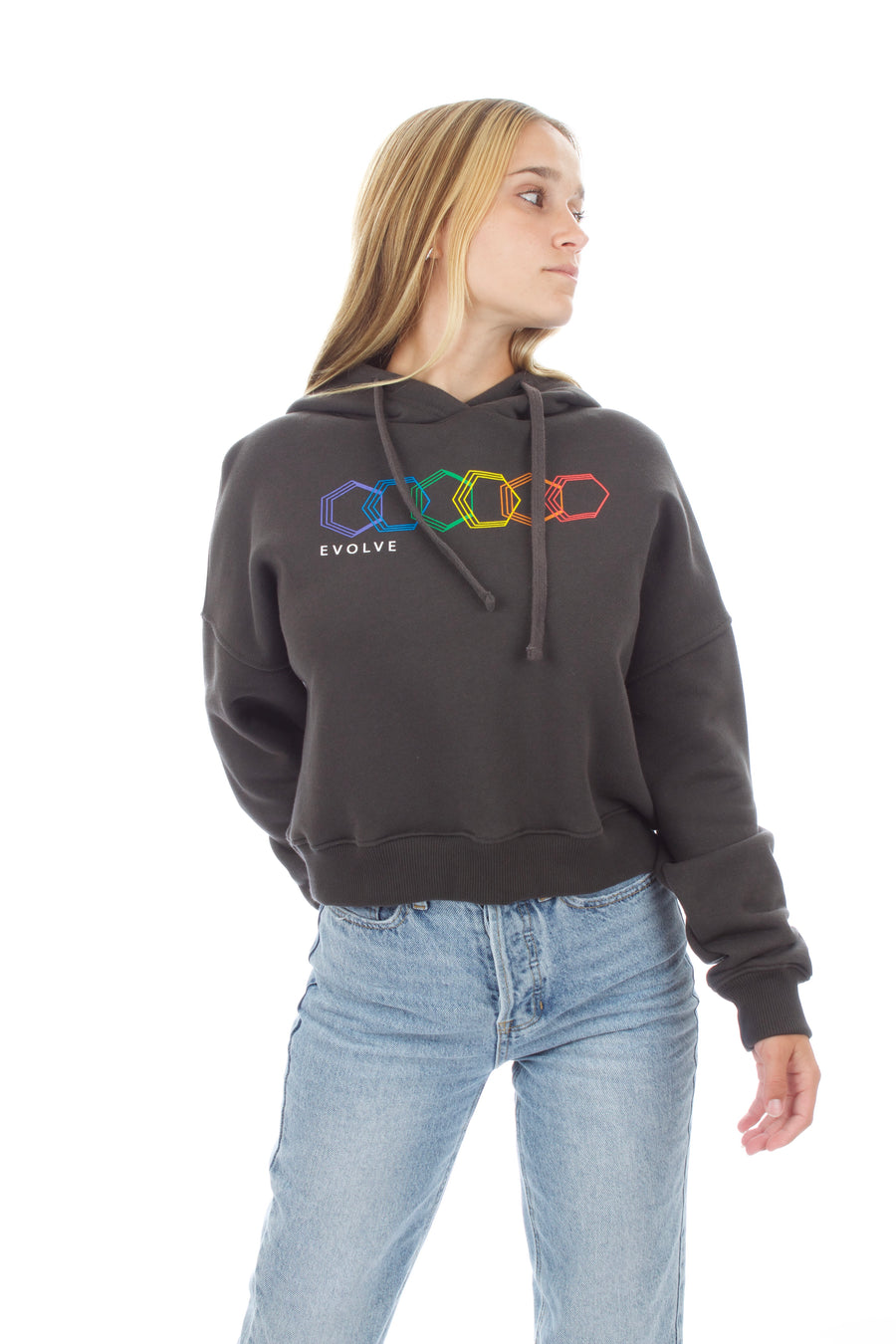 Cropped Hoodie - Geo Rainbow - Washed Black